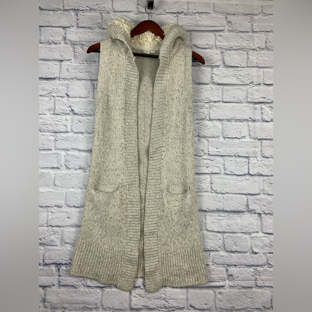 GAP Sherpa Long Hooded Open Cardigan Vest Stone Oatmeal Wool Size XS